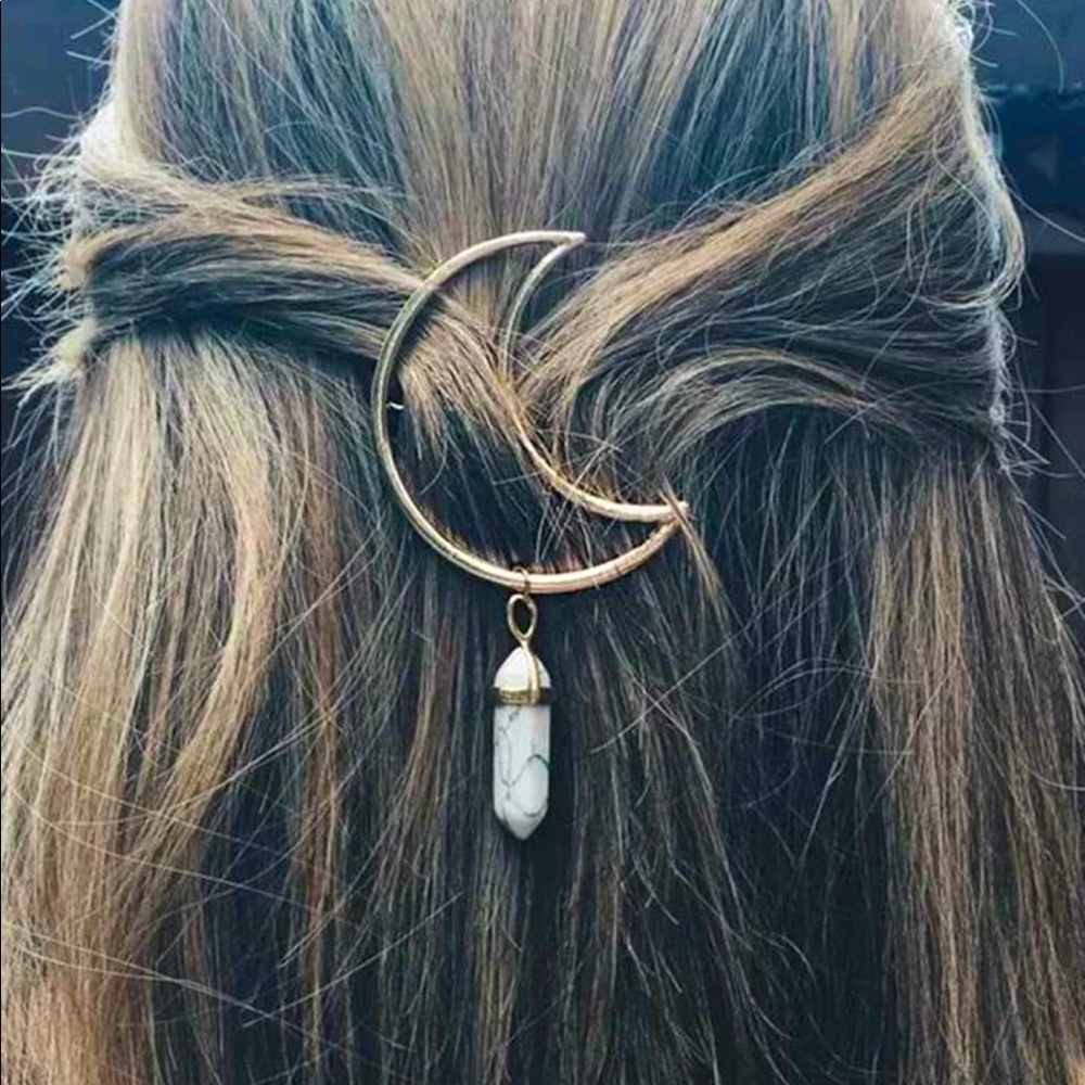 Marble stone crystal moon shaped hair clip